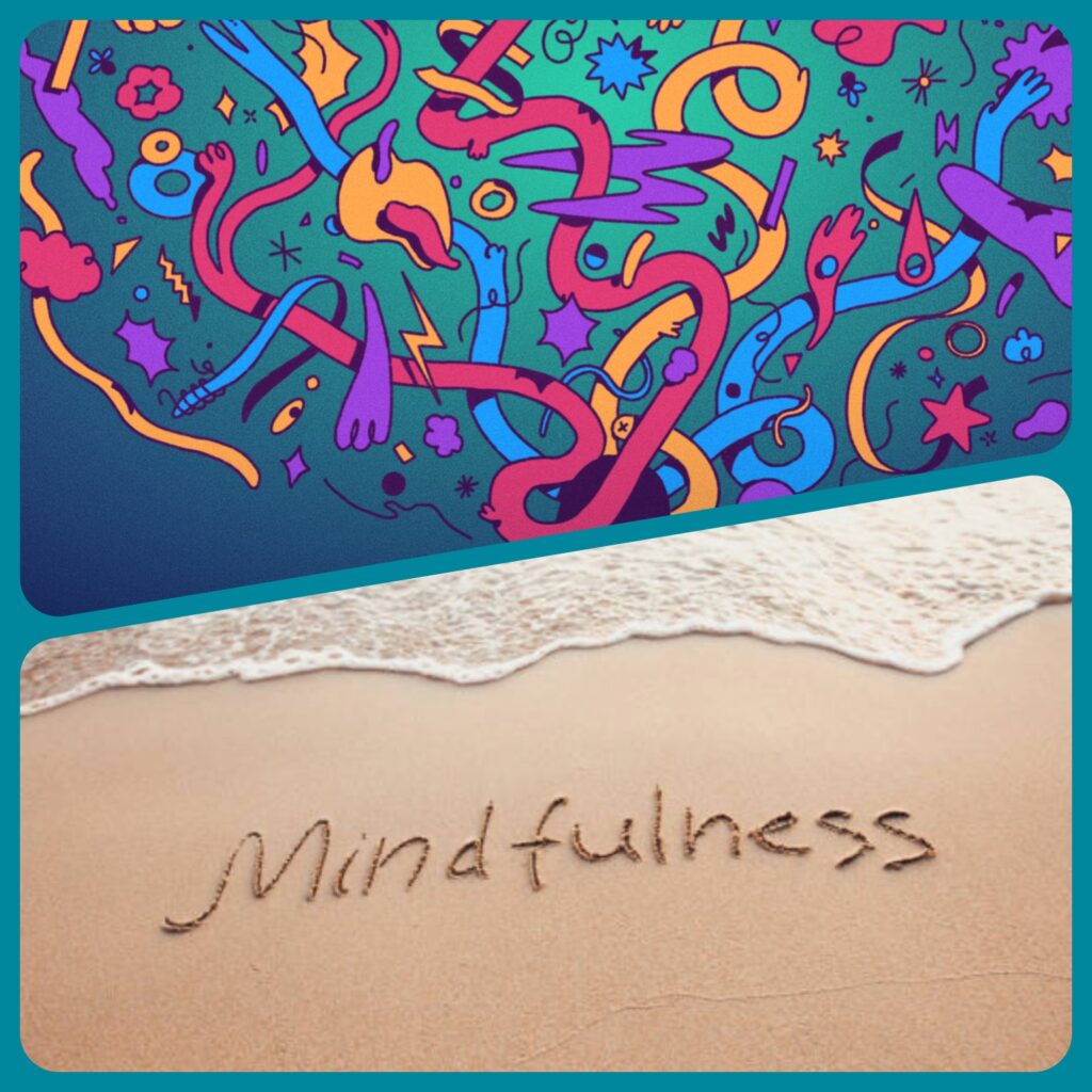 Image is split into two to represent the heading.
The  top section features a head with many different shapes and coloured patterns swirling around it (representing ADHD). The bottom image is of a beach with the word mindfulness written in the sand and a wave lapping close by. 